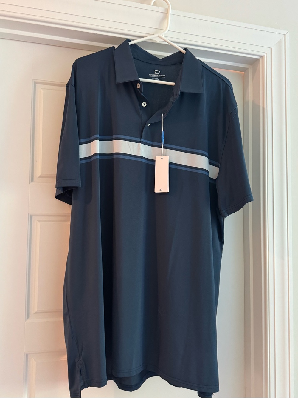 Southern Tide Navy and White Striped Performance Polo